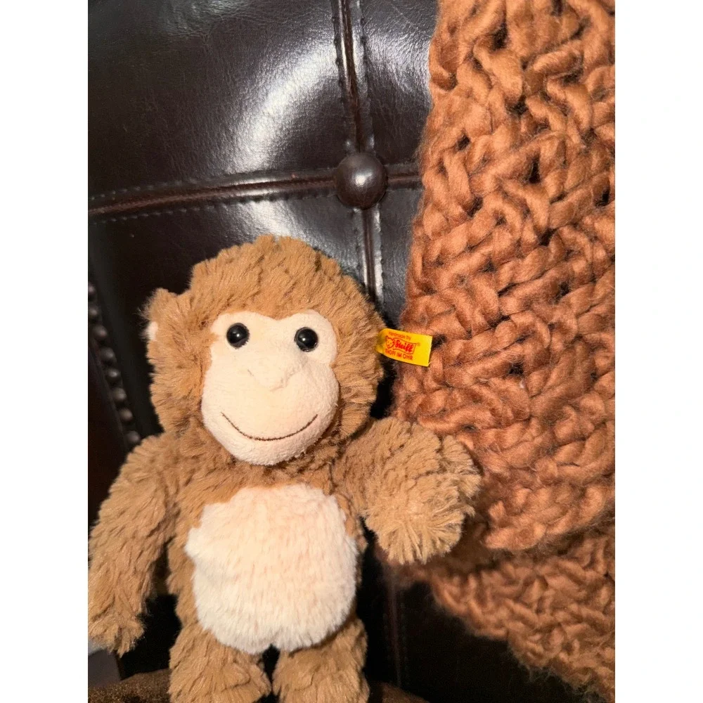 Steiff Bingo Monkey Plush Stuffed Animal Brown Cream Button in Ear 8 inch
